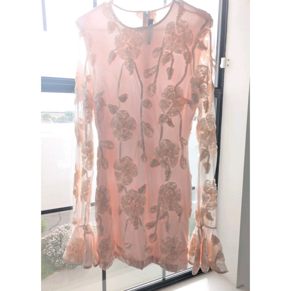 ROTATE Birger Pink Flower Mini Dress Blush Ribbon Rosette Bell Sleeves